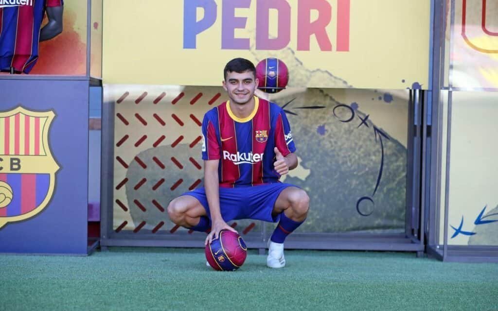 Pedri FC Barcelona midfielder portrait celebrating goal at Camp Nou - Pedri's Family