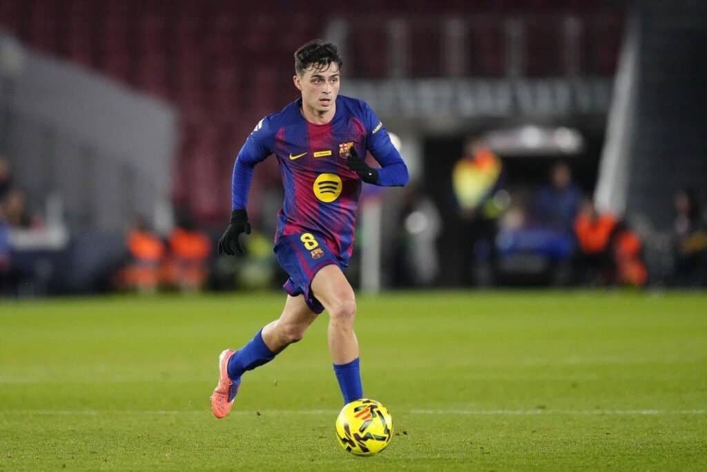 Pedri FC Barcelona midfielder portrait celebrating goal at Camp Nou