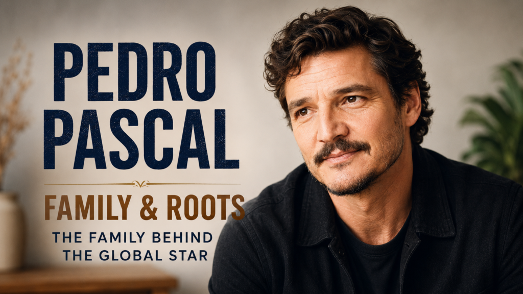 Pedro Pascal portrait for a family biography article featuring his parents, siblings, and Chilean family background.