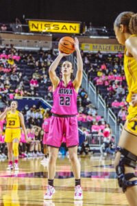 Caitlin Clark playing basketball in February 2022